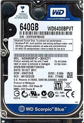 حافظه HDD وسترن دیجیتال مدل WD6400BPVT ظرفیت 640 گیگابایت | کارکرده